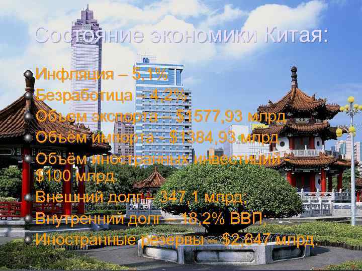 Состояние экономики Китая: Инфляция – 5, 1% Безработица – 4, 2% Объем экспорта –