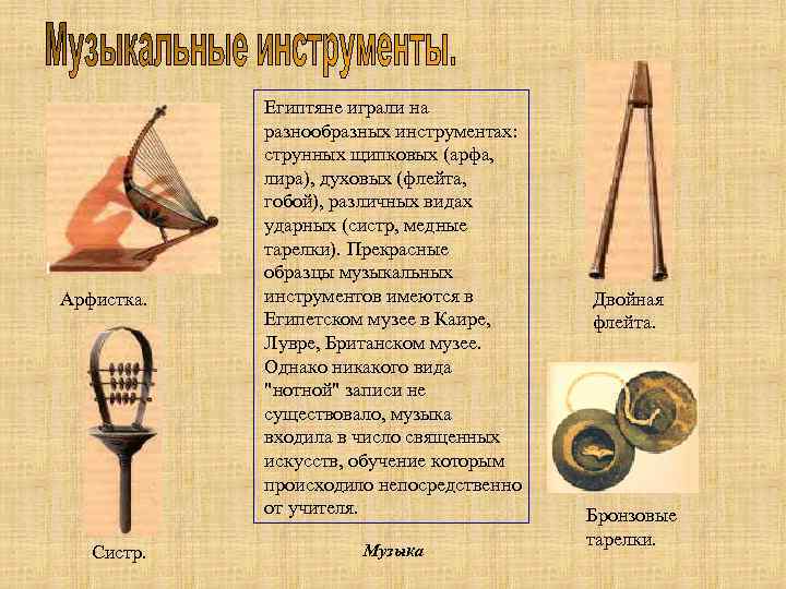 Арфистка. Систр. Египтяне играли на разнообразных инструментах: струнных щипковых (арфа, лира), духовых (флейта, гобой),