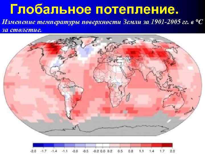 Глобальное потепление. Изменение температуры поверхности Земли за 1901 -2005 гг. в °С за cтолетие.