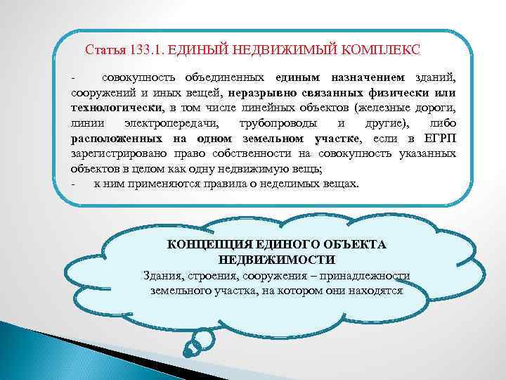 Статья 133. 1. ЕДИНЫЙ НЕДВИЖИМЫЙ КОМПЛЕКС - совокупность объединенных единым назначением зданий, сооружений и