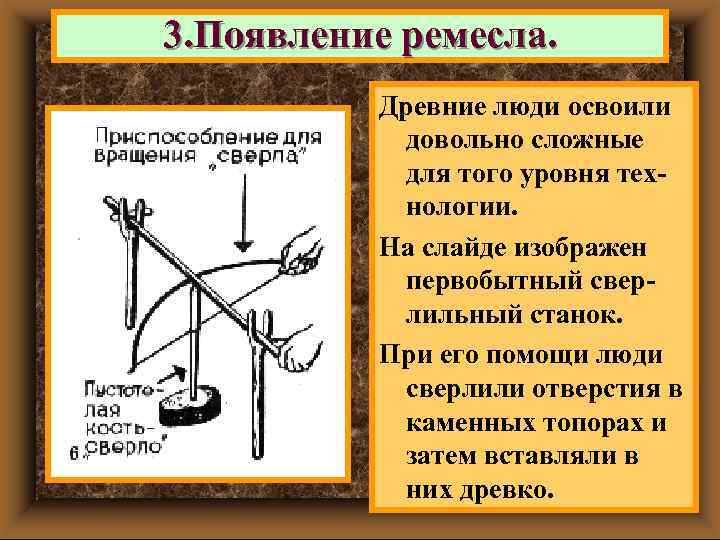 3. Появление ремесла. Древние люди освоили довольно сложные для того уровня технологии. На слайде