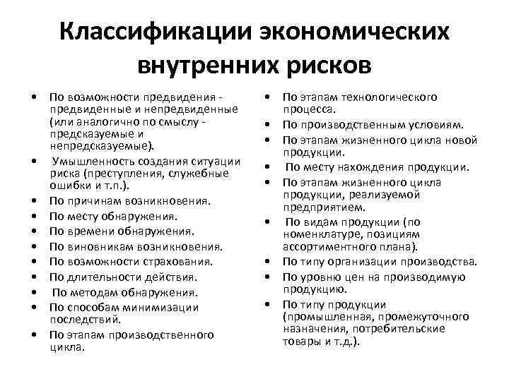 Классификации экономических внутренних рисков • По возможности предвидения предвиденные и непредвиденные (или аналогично по
