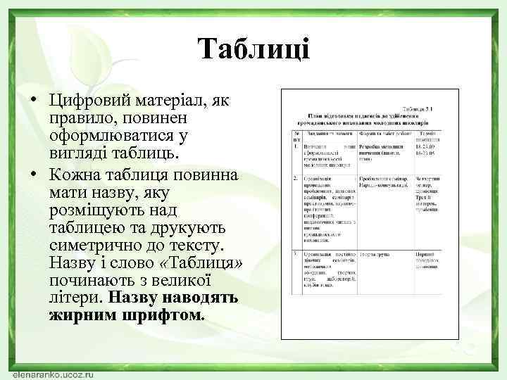 Таблиці • Цифровий матеріал, як правило, повинен оформлюватися у вигляді таблиць. • Кожна таблиця