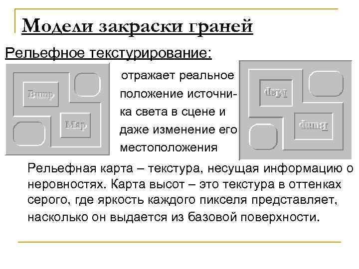 Модели закраски граней Рельефное текстурирование: отражает реальное положение источни ка света в сцене и