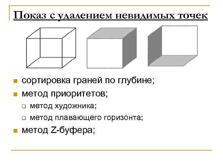 Показ с удалением невидимых точек n n сортировка граней по глубине; метод приоритетов; q