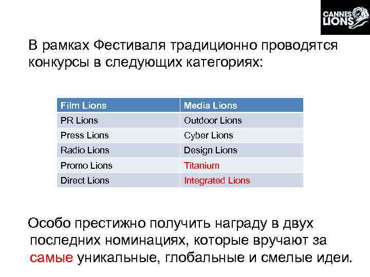 В рамках Фестиваля традиционно проводятся конкурсы в следующих категориях: Film Lions PR Lions Outdoor
