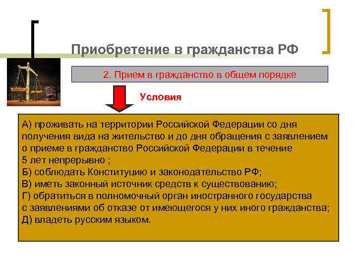 Приобретение в гражданства РФ 2. Прием в гражданство в общем порядке Условия А) проживать