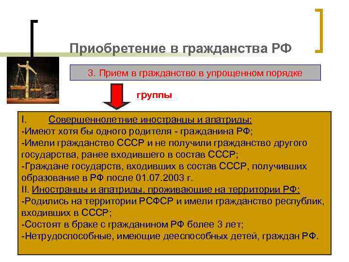 Приобретение в гражданства РФ 3. Прием в гражданство в упрощенном порядке группы I. Совершеннолетние