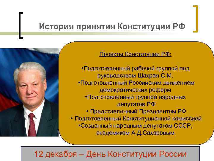 История принятия Конституции РФ Проекты Конституции РФ: • Подготовленный рабочей группой под руководством Шахрая