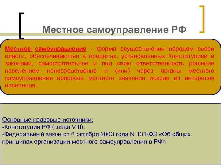 Местное самоуправление РФ Местное самоуправление - форма осуществления народом своей власти, обеспечивающая в пределах,