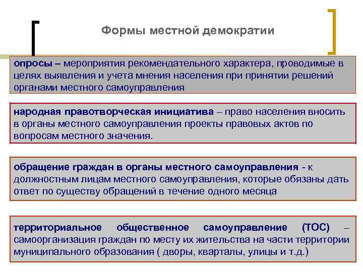 Формы местной демократии опросы – мероприятия рекомендательного характера, проводимые в целях выявления и учета