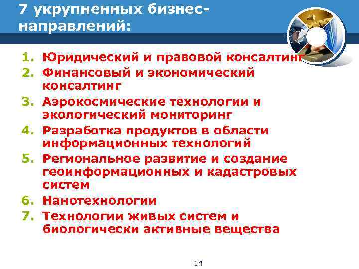7 укрупненных бизнеснаправлений: 1. Юридический и правовой консалтинг 2. Финансовый и экономический консалтинг 3.