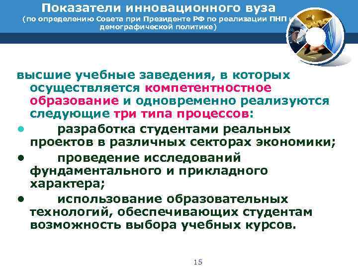 Показатели инновационного вуза (по определению Совета при Президенте РФ по реализации ПНП и демографической