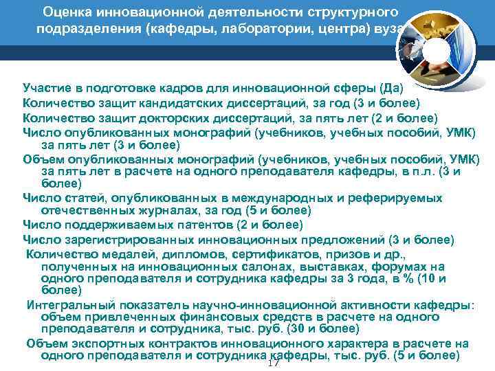 Оценка инновационной деятельности структурного подразделения (кафедры, лаборатории, центра) вуза Участие в подготовке кадров для