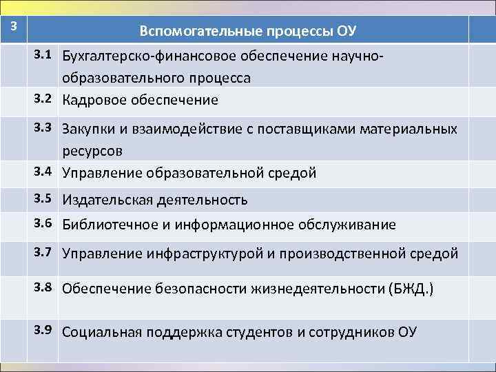3 Вспомогательные процессы ОУ 3. 1 Бухгалтерско-финансовое обеспечение научно- образовательного процесса 3. 2 Кадровое