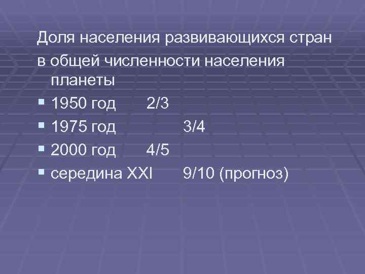 Доля населения развивающихся стран в общей численности населения планеты § 1950 год 2/3 §