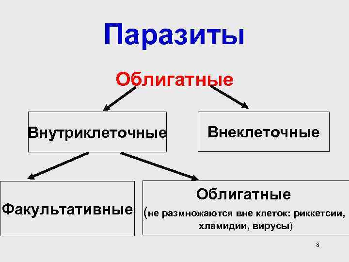 Паразиты Облигатные Внутриклеточные Внеклеточные Облигатные Факультативные (не размножаются вне клеток: риккетсии, хламидии, вирусы) 8
