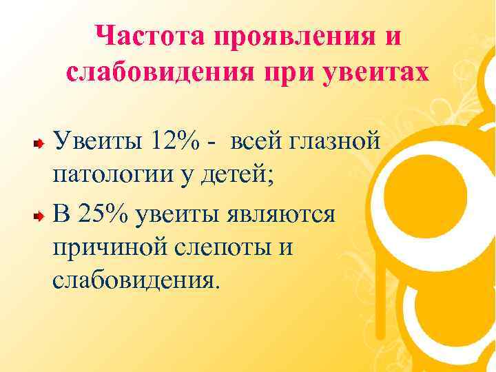 Частота проявления и слабовидения при увеитах Увеиты 12% - всей глазной патологии у детей;