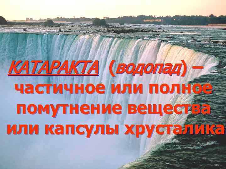 КАТАРАКТА (водопад) – частичное или полное помутнение вещества или капсулы хрусталика 