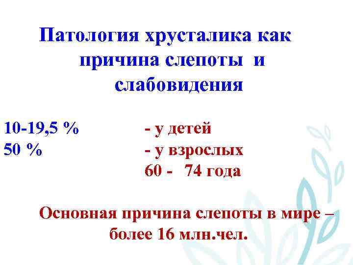 Патология хрусталика как причина слепоты и слабовидения 10 -19, 5 % 50 % -
