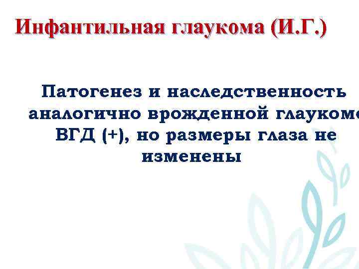 Инфантильная глаукома (И. Г. ) Патогенез и наследственность аналогично врожденной глаукоме ВГД (+), но