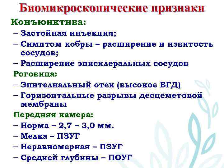 Биомикроскопические признаки Конъюнктива: – Застойная инъекция; – Симптом кобры – расширение и извитость сосудов;