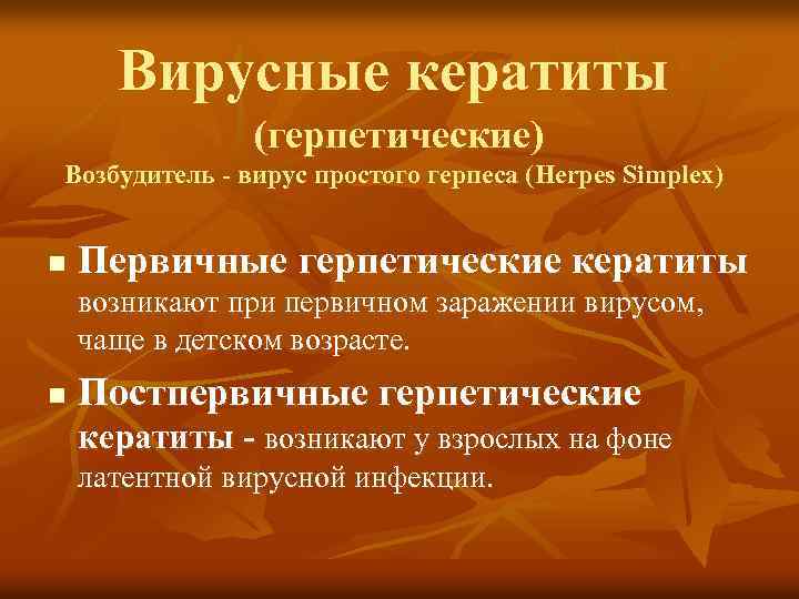 Вирусные кератиты (герпетические) Возбудитель - вирус простого герпеса (Herpes Simplex) n Первичные герпетические кератиты