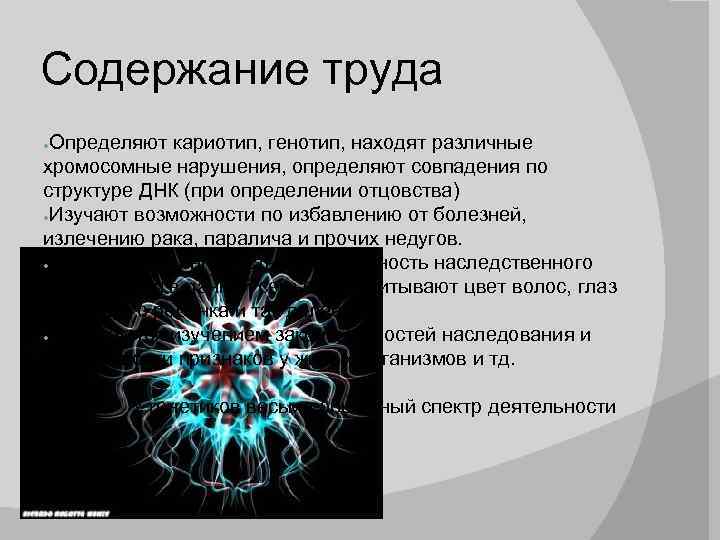 Содержание труда Определяют кариотип, генотип, находят различные хромосомные нарушения, определяют совпадения по структуре ДНК