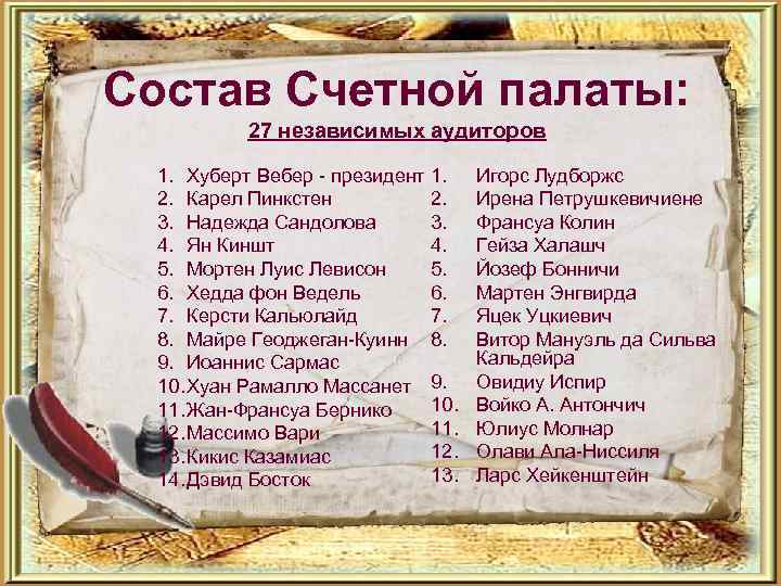 Состав Счетной палаты: 27 независимых аудиторов 1. Хуберт Вебер - президент 1. 2. Карел