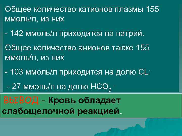 Общее количество катионов плазмы 155 ммоль/л, из них - 142 ммоль/л приходится на натрий.