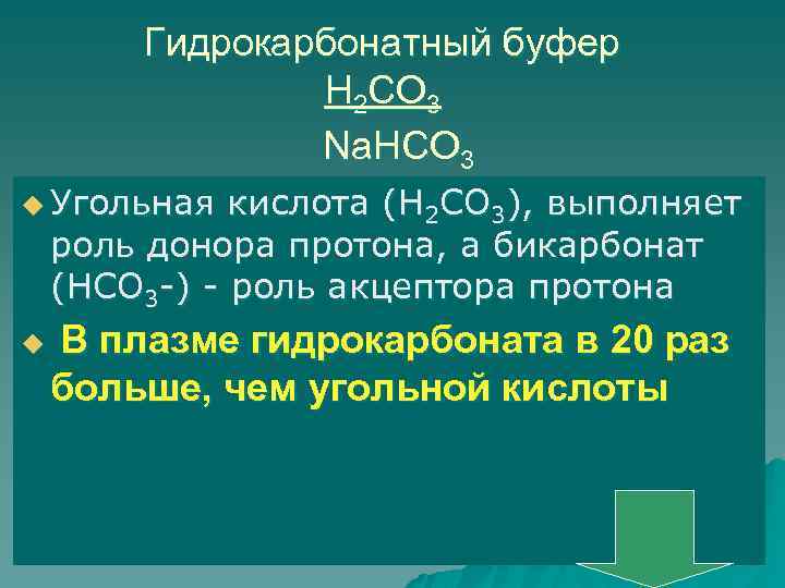 Гидрокарбонатный буфер Н 2 СО 3 Na. НСО 3 u Угольная кислота (Н 2
