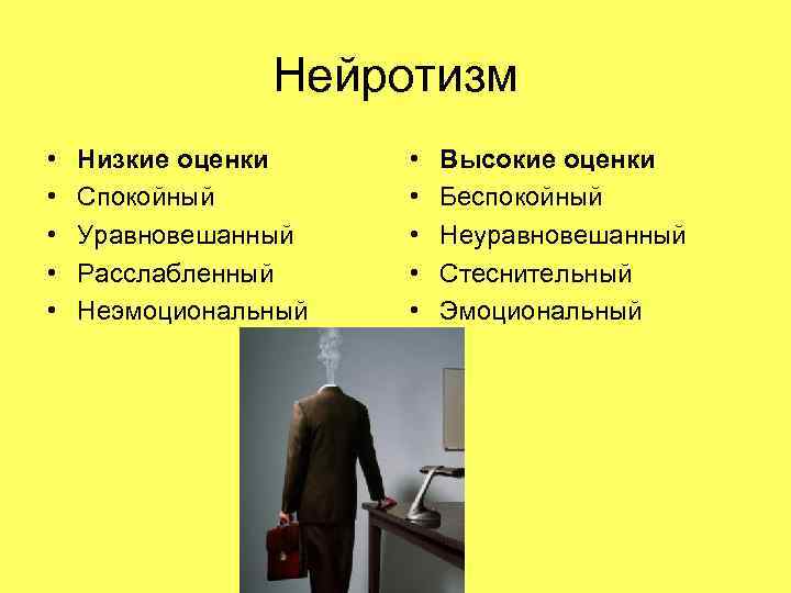 Нейротизм • • • Низкие оценки Спокойный Уравновешанный Расслабленный Неэмоциональный • • • Высокие