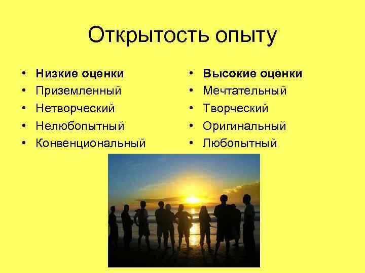 Открытость опыту • • • Низкие оценки Приземленный Нетворческий Нелюбопытный Конвенциональный • • •