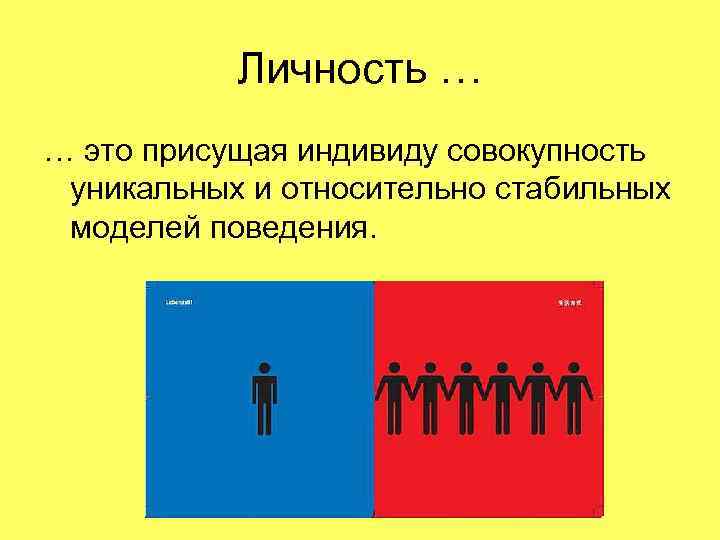 Личность … … это присущая индивиду совокупность уникальных и относительно стабильных моделей поведения. 