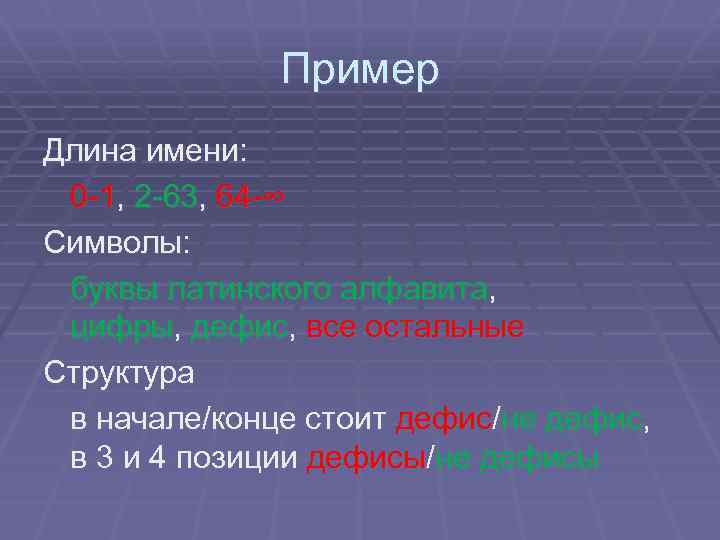 Пример Длина имени: 0 -1, 2 -63, 64 -∞ Символы: буквы латинского алфавита, цифры,