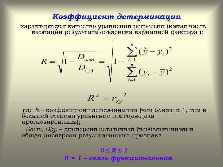  Коэффициент детерминации характеризует качество уравнения регрессии (какая часть вариации результата объяснена вариацией фактора