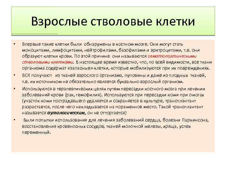 Взрослые стволовые клетки • • Впервые такие клетки были обнаружены в костном мозге. Они