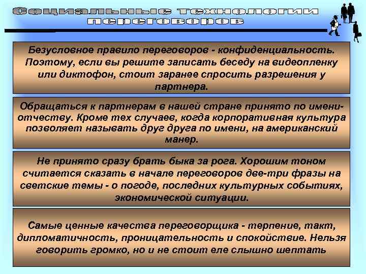 Безусловное правило переговоров - конфиденциальность. Поэтому, если вы решите записать беседу на видеопленку или