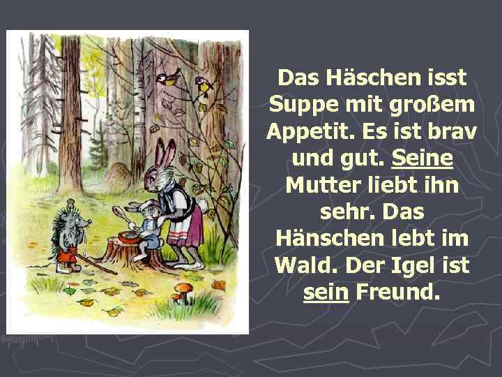 Das Häschen isst Suppe mit großem Appetit. Es ist brav und gut. Seine Mutter