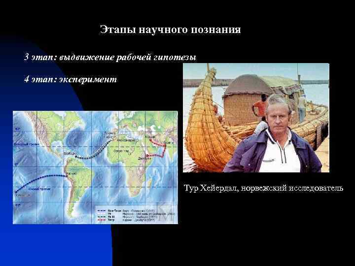 Этапы научного познания 3 этап: выдвижение рабочей гипотезы 4 этап: эксперимент Тур Хейердал, норвежский