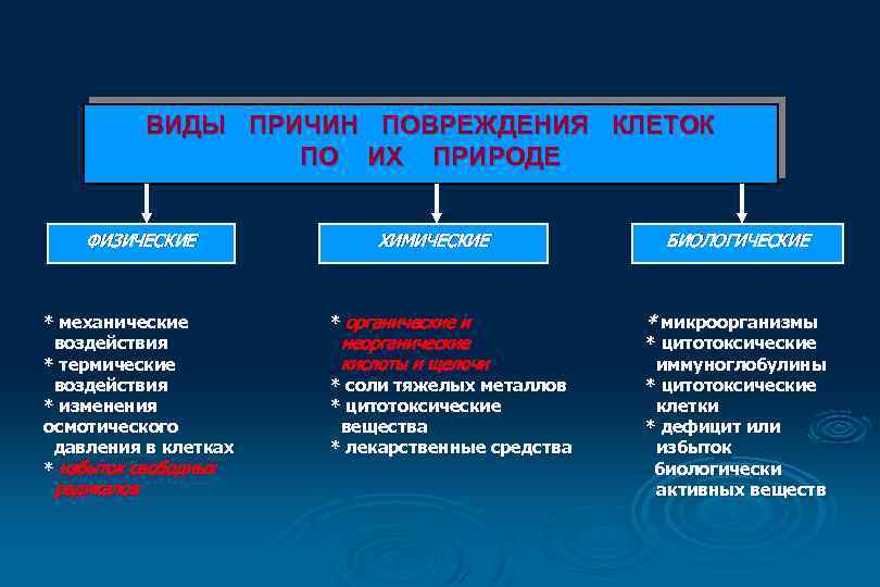 ВИДЫ ПРИЧИН ПОВРЕЖДЕНИЯ КЛЕТОК ПО ИХ ПРИРОДЕ ФИЗИЧЕСКИЕ * механические воздействия * термические воздействия
