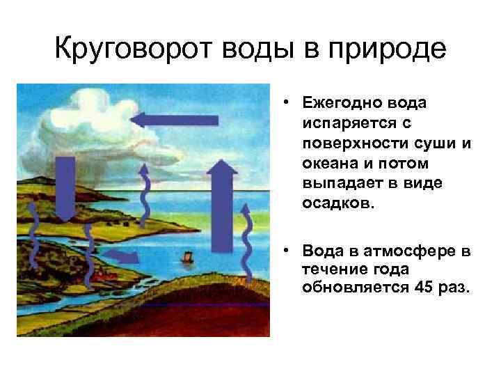 Круговорот воды в природе • Ежегодно вода испаряется с поверхности суши и океана и