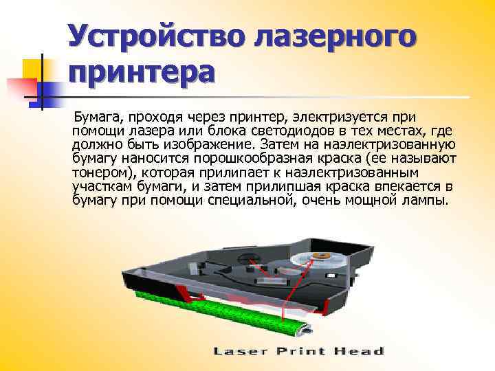 Устройство лазерного принтера Бумага, проходя через принтер, электризуется при помощи лазера или блока светодиодов