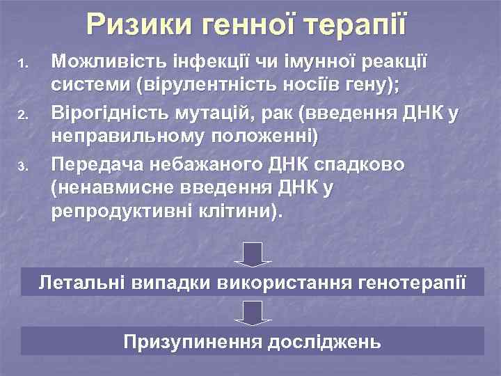 Ризики генної терапії 1. 2. 3. Можливість інфекції чи імунної реакції системи (вірулентність носіїв
