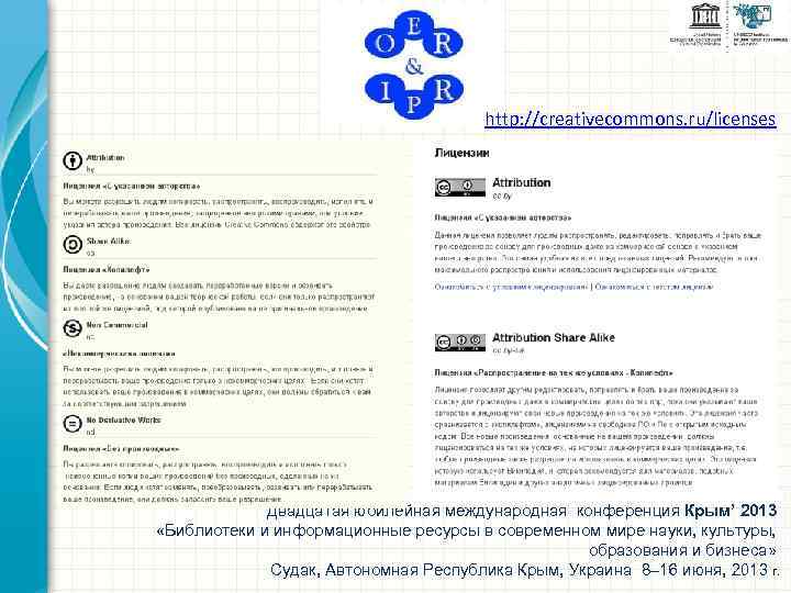 http: //creativecommons. ru/licenses Двадцатая юбилейная международная конференция Крым’ 2013 «Библиотеки и информационные ресурсы в