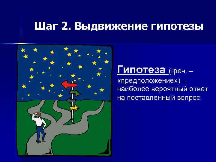 Шаг 2. Выдвижение гипотезы Гипотеза (греч. – «предположение» ) – наиболее вероятный ответ на