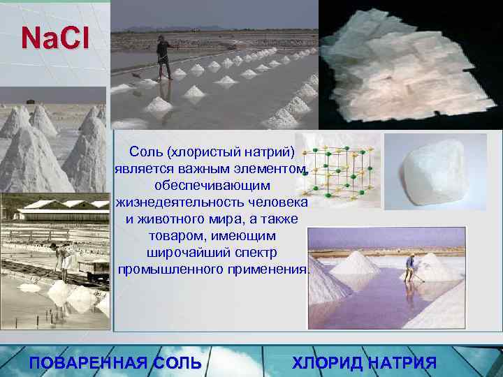 Nа. Сl Соль (хлористый натрий) является важным элементом, обеспечивающим жизнедеятельность человека и животного мира,