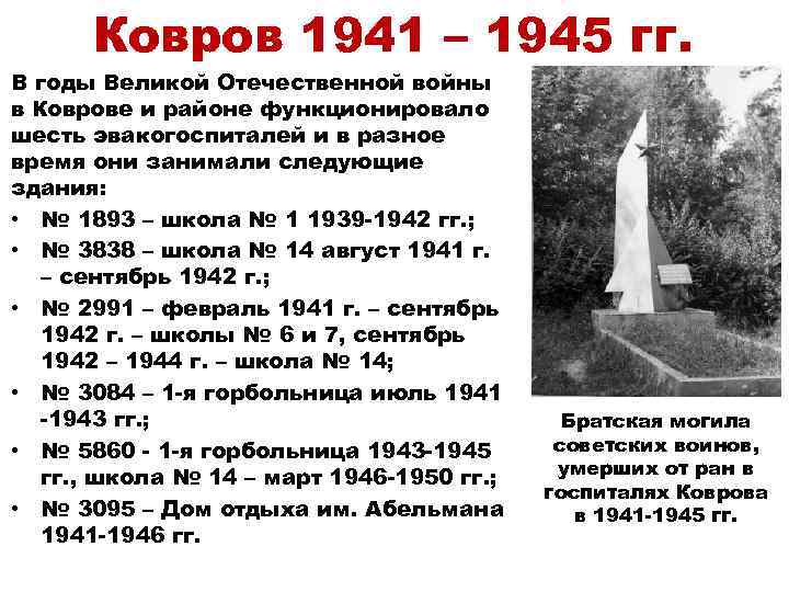 Ковров 1941 – 1945 гг. В годы Великой Отечественной войны в Коврове и районе
