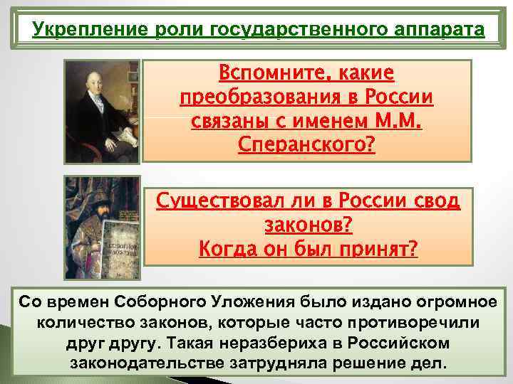Укрепление роли государственного аппарата Вспомните, какие преобразования в России связаны с именем М. М.
