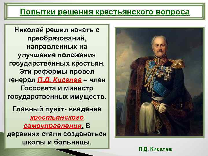 Попытки решения крестьянского вопроса Николай решил начать с преобразований, направленных на улучшение положения государственных